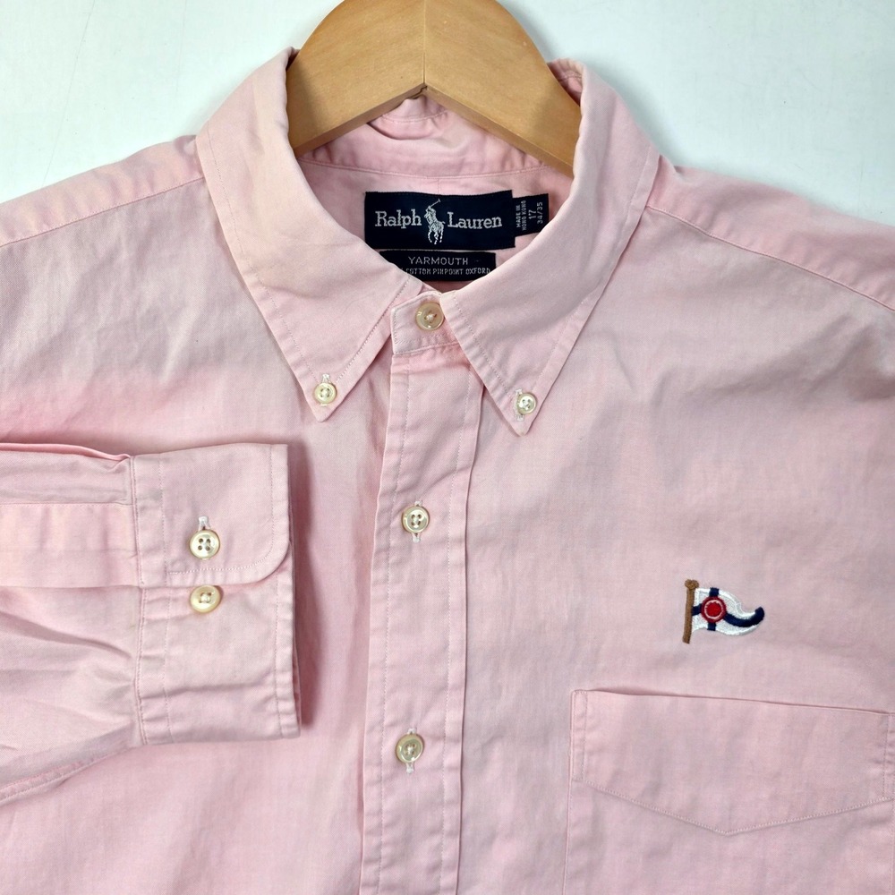 Ralph Lauren Yarmouth Shirt Men 17 34/35 Pink Pinpoint Oxford Nautical Flag Logo